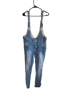 Women's Blue Distressed Denim Overalls with Adjustable Straps